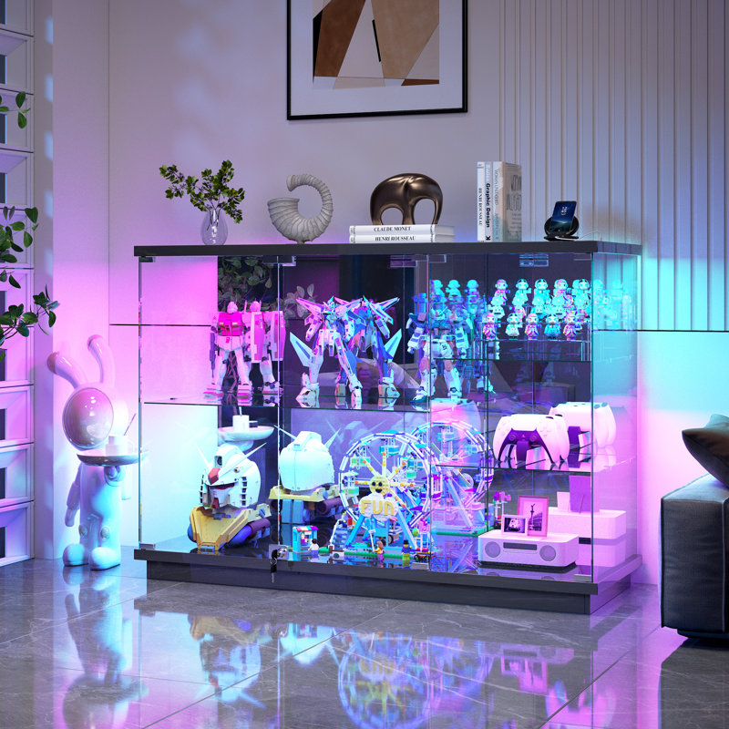 Buffet 47,24 po, buffet moderne en verre trempé transparent, vitrine avec lumières à DEL RVB, port USB, port de type C et capteur de mouvement