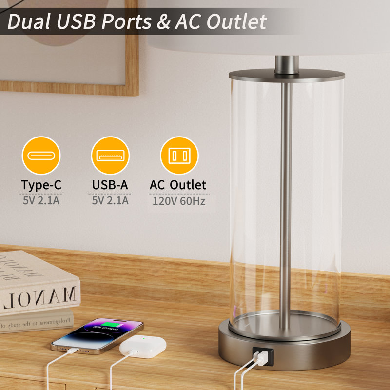 Quinita 23"  Glass Table Lamp Set with Touch Control,  LED Bulbs, USB Ports, Brushed Nickel