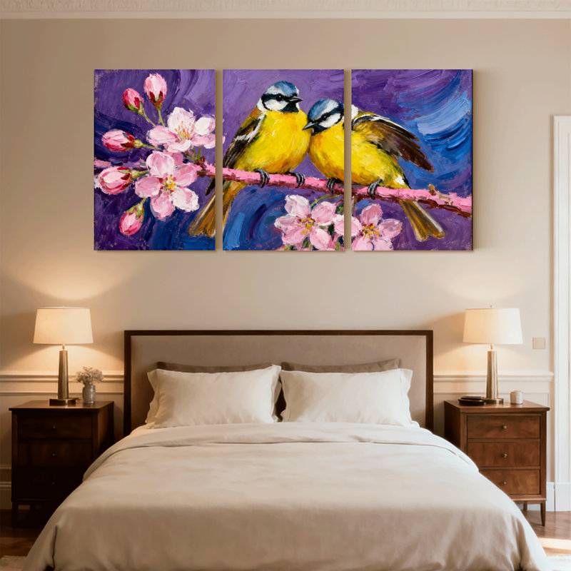Oiseaux oiseaux perchés sur une branche de fleur, ensemble de 3 impressions sur toile, H 30 po x l 60 po