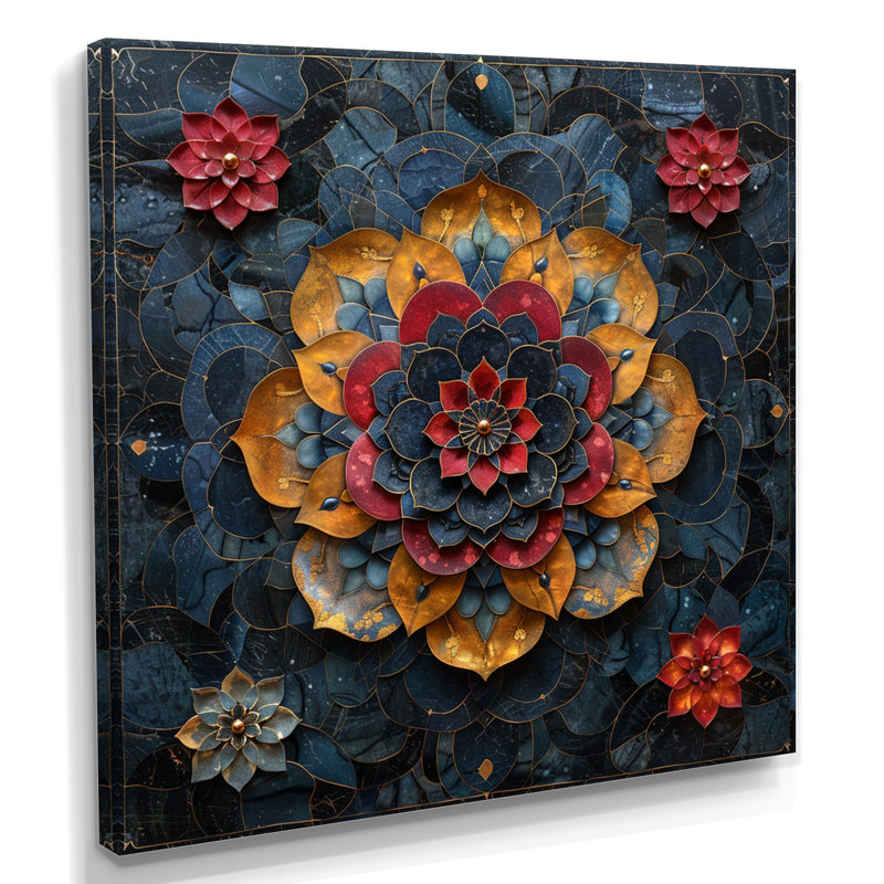 Fleur de lotus rouge, pétales dorés - mandala boho, Toile tendue, H 36 po x l 36 po x P 1,5 po