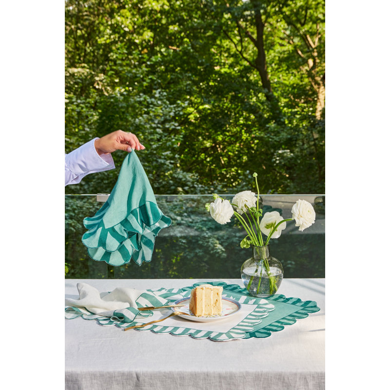 Jardin Embroidered Linen Scalloped Stripe Napkins, Green