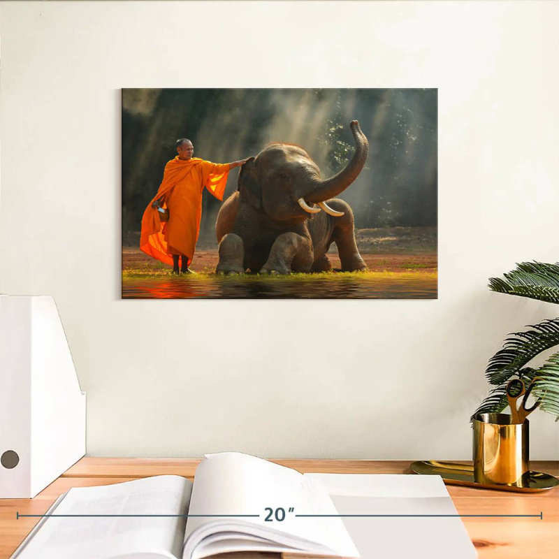 Monk And Asian Elephant, 8" H x 12" W
