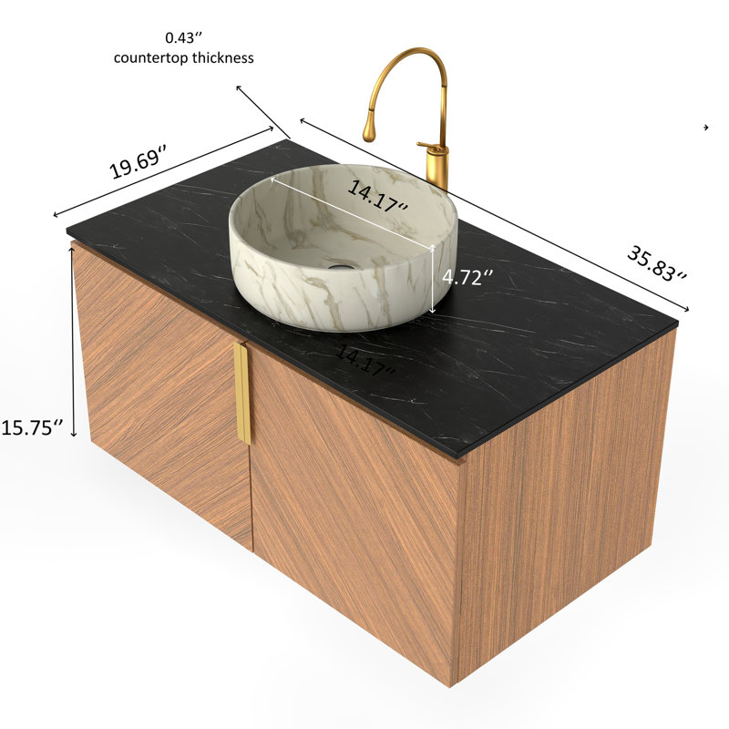 Meuble-lavabo 36 po, armoire de rangement murale en contreplaqué avec portes doubles, comptoir en pierre frittée noire et lavabo rond en céramique blanche avec motif de pierre, couleur grain de bois de chêne brun