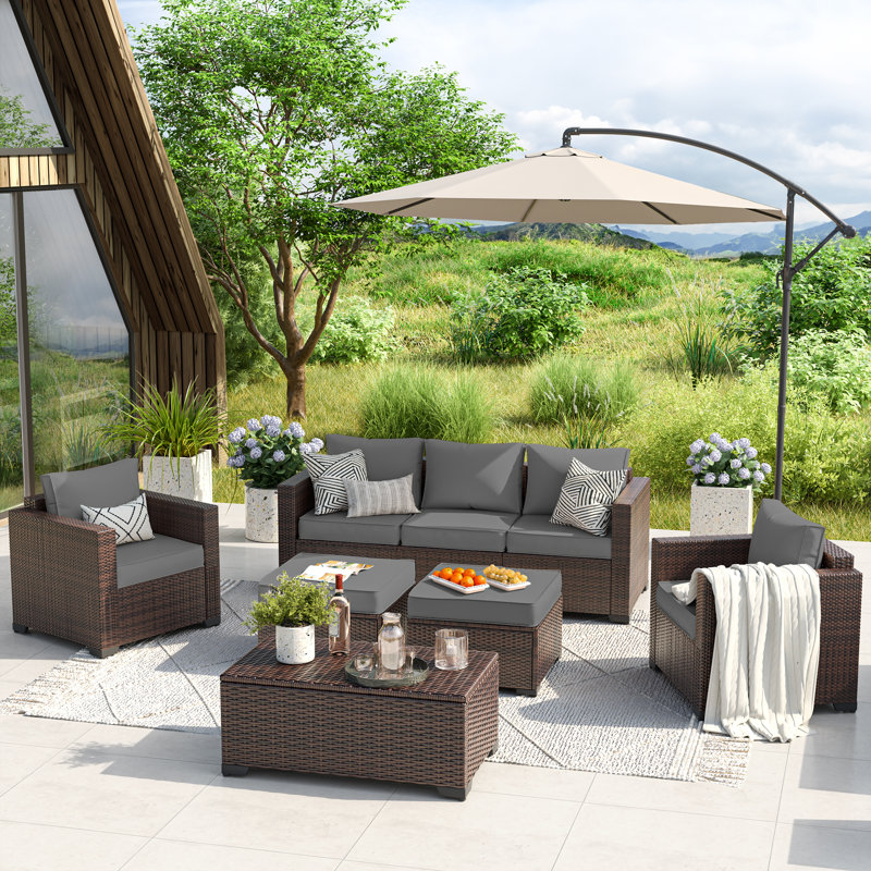 Wicker Sofa Seating Group with Storage Deck Box and Ottomans, Gray