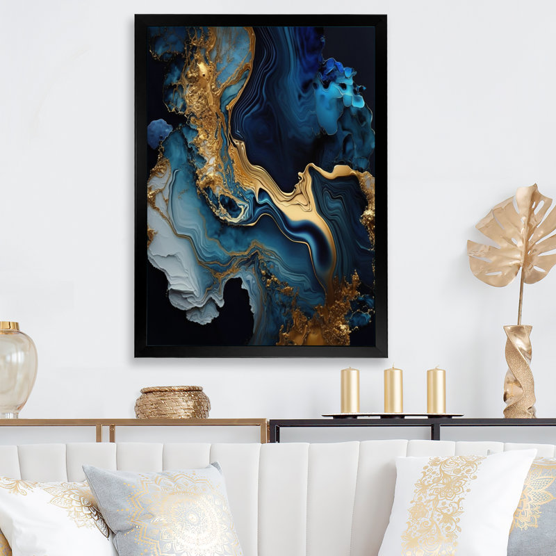 «Abstract Geode Marble Blue III», art abstrait sur toile marbrée, Impression noire sur toile encadrée, L 12 po x H 20 po