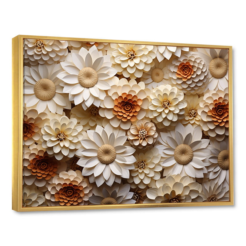«Vibrant White Zinnias Collage» sur toile, Cadre flottant doré, H 16 po x l 32 po