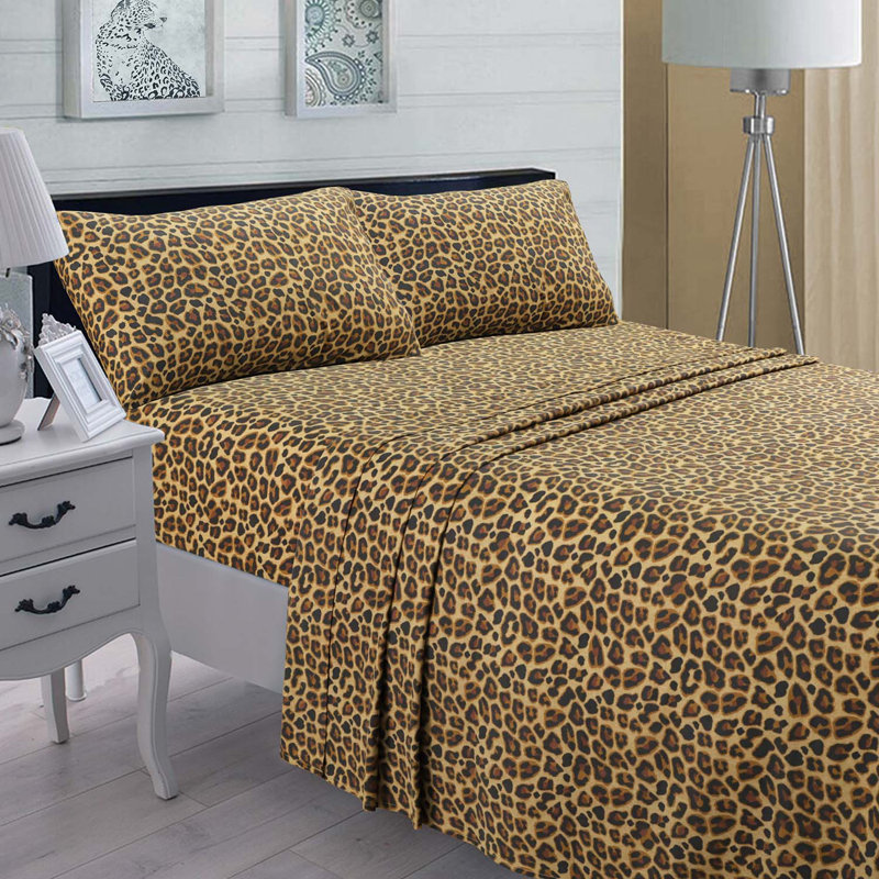  100% Percale Cotton Sheet Set, Leopard Brown, Queen Sheet Set + Fitted Sheet + Pillowcase