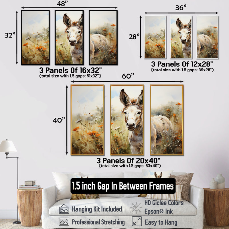 Donkey Flower Meadow Landscape II - âne, art mural, Cadre flottant noir, H 40 po x l 60 po