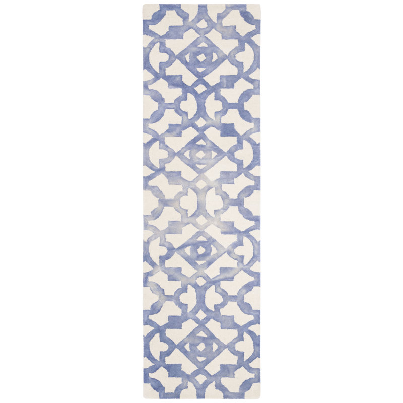 Amekia Hand Tufted Wool/Cotton Geometric Rug in Ivory/Blue, Runner 2'3" x 8'