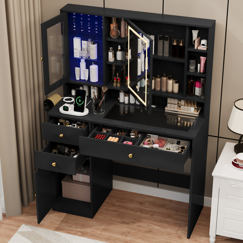Bureau de coiffeuse avec miroir et lumière, Noir, noir, noir, noir