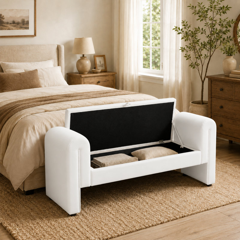 Velvet End Table, 60.5-inch Storage Stool, Storage-enabled Long Bench Armchair, Sofa Chair with Rolled Armrests and Button-filled Cushions, Suitable for Seating in Living Room and Entrance Area