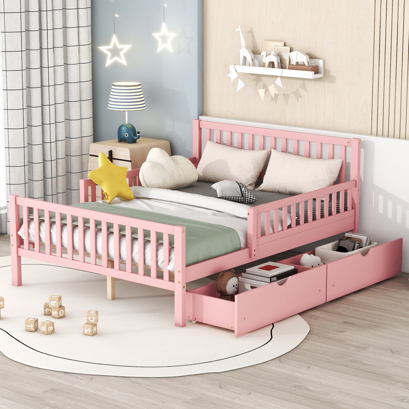 Full Size Wood Platform Bed With Guardrails On Both Sides And Two Storage Drawers ,Pink, Pink, Full