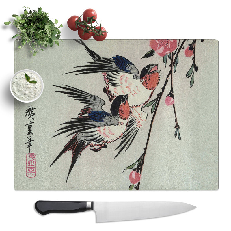 Hiroshige Japanese Oriental Moon Swalls Peach Blossoms  Glass Chopping Board