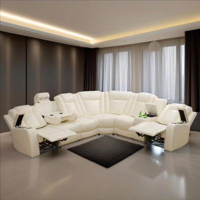 Aurelia Off-White Vegan Leather Sectioanal Living Room Sofa Set With Cup-Holders ,Wireless Charging And LED Lights