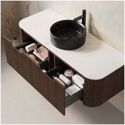 DINA 48" Bathroom Vanity&Sink, Floating Curved Edges Striped Storage Cabinet with 2 Drawers, Stone Black Round Ceramic Basin&Carrara White Sintered Stone Top, Pre-assembled, Dark Walnut Woodgrain