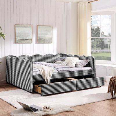 Grand lit de jour avec deux tiroirs de rangement, charge, forme ondulée et lit en lin - pour la chambre à coucher