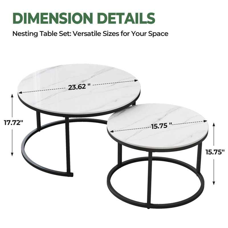 Nesting Coffee Table Set of 2 White Gloss Sintered Stone for Living Room, 17.72" H x 23.62" L x 23.62" W, White