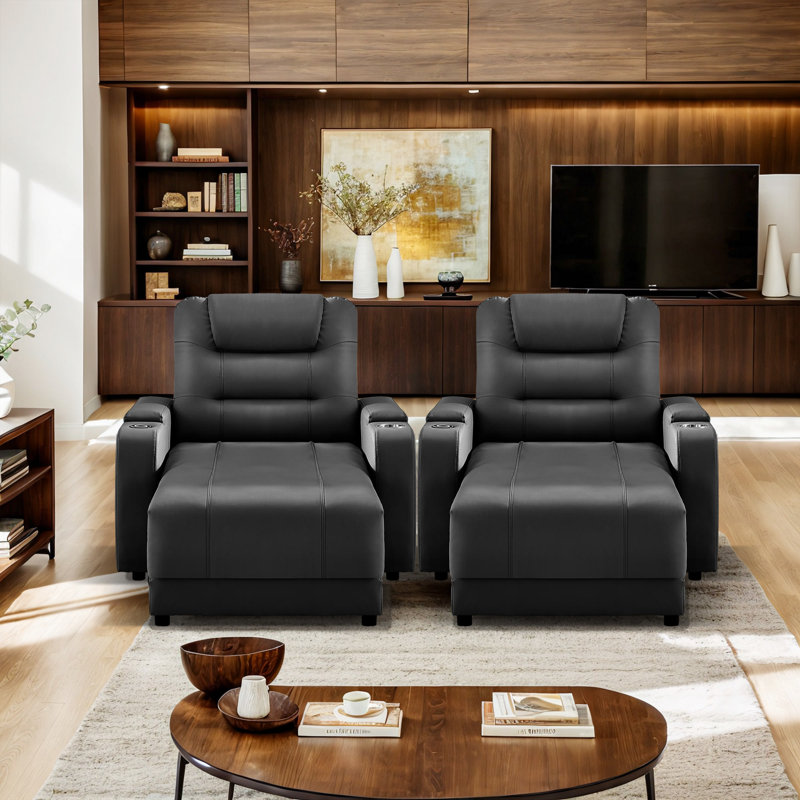 Modern Electric Power Upholstered Reclining Home Theater Seating with Adjustable Backrests, Wireless Charging & Cup Holder – Faux Leather(Set of 2)
