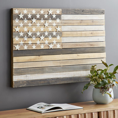 Wood Handmade Washed American Flag Brown Wall Decor with Slatted Panels and Cream Stars