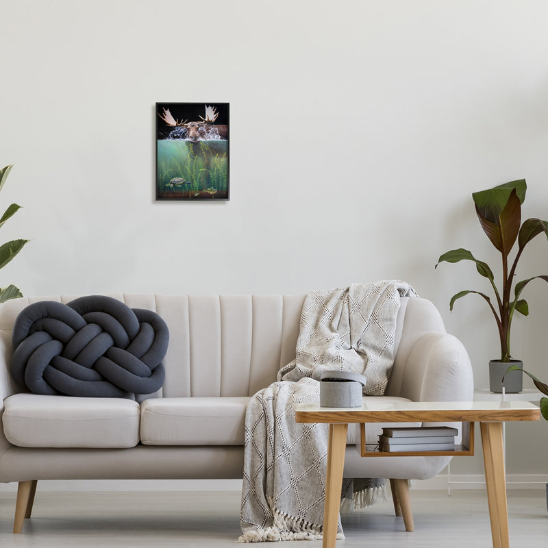 Az-014-Vue encadrée d'un orignal sous l'eau, H 14 po x l 11 po x P 1,5 po, Giclée encadrée noir minuit