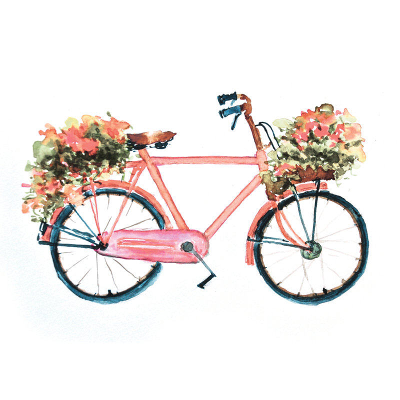Bike with Flowers - Painting Print, 20cm H x 30cm W, Wrapped Canvas