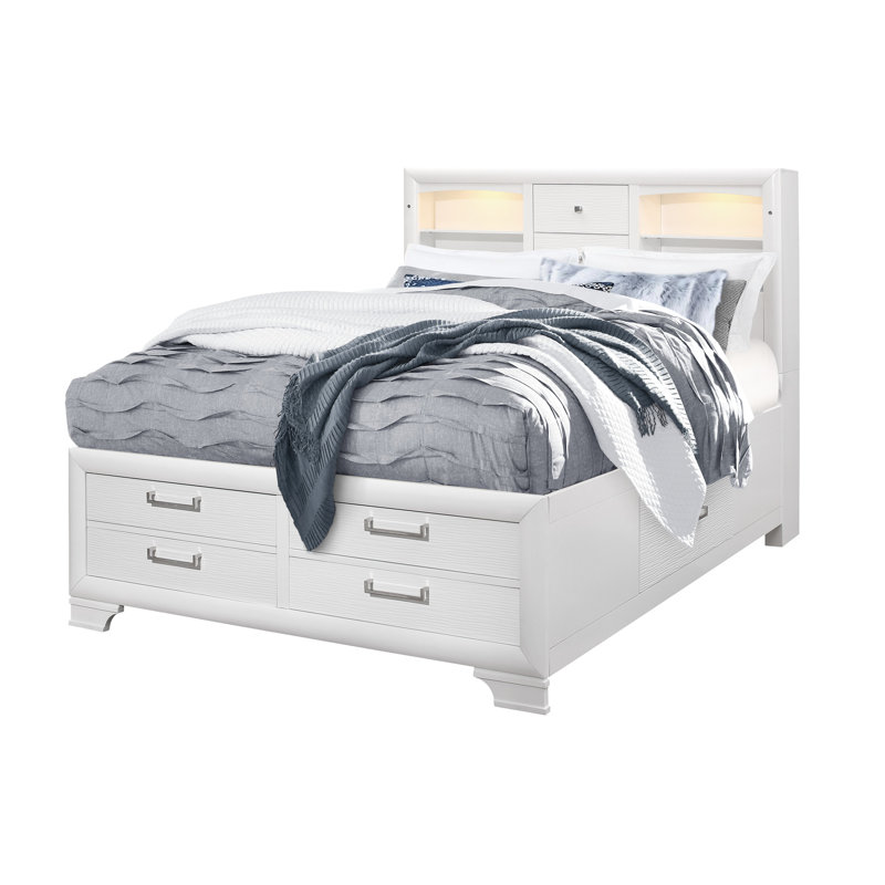 White King Bed With Storage And Lit Headboard, Bookcase Design, Solid Wood , No Box Spring, Modern Bedroom Decor, White, King
