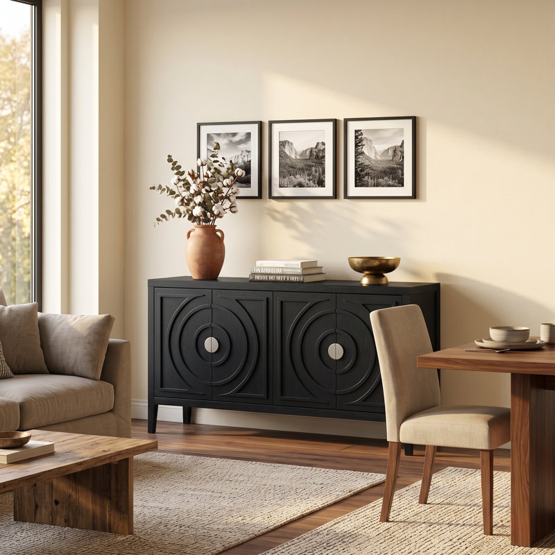 Buffet rétro 60 "à 4 portes avec rainure circulaire, noir