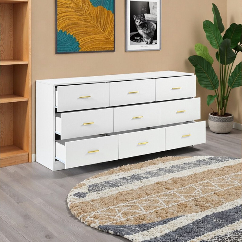 Commode élégante à 9 tiroirs - Armoire de rangement moderne avec poignées dorées et finition imperméable, Blanc