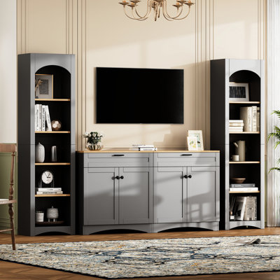 Meuble audio-vidéo gris avec accents rustiques, meuble télé de style Mid-Century avec tablettes réglables pour téléviseurs de 70 po