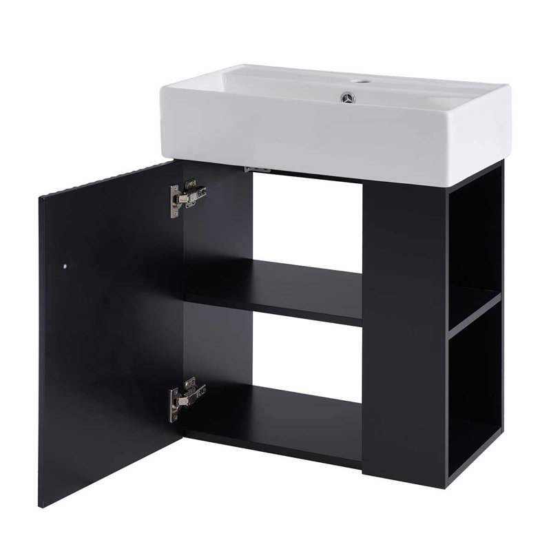 Meuble-lavabo flottant de 21,6 po avec lavabo en céramique pour petites salles de bain, rangement latéral, Noir