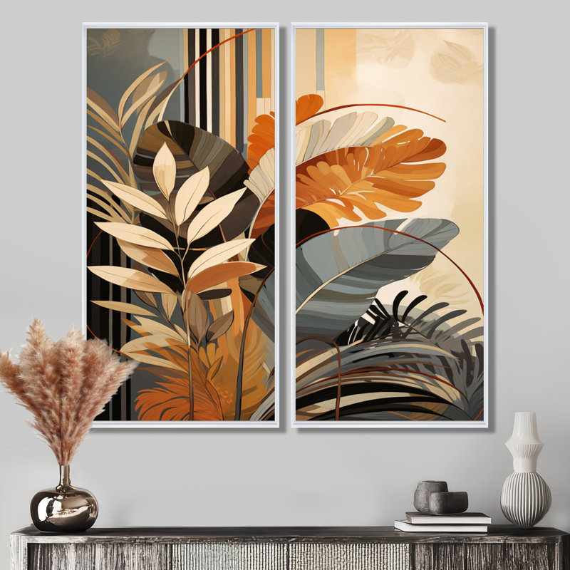 Funky Foliage In Terracotta Tones - Abstract Botanicals, impressions sur toile, art mural abstrait jaune, 2 pièces, Blanc