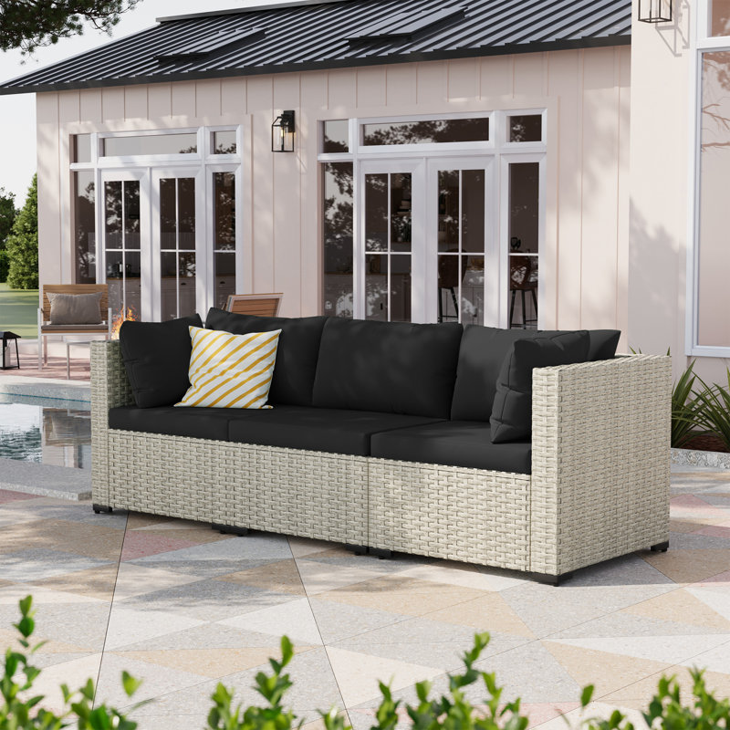3 Pieces Rattan Patio Sofa With Cushions, Black