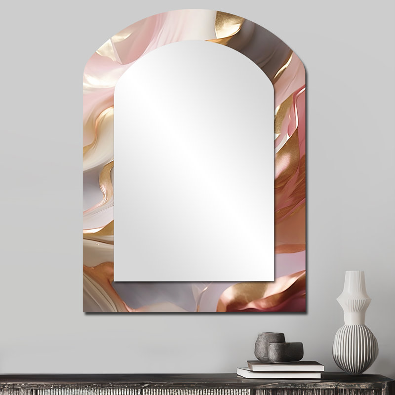 Subtle Serenity Liquid Art Gold Waves I - Abstract Shapes Arch Wall Mirror, Gold Asymmetrical Decorative Mirror, Printed Metal Art