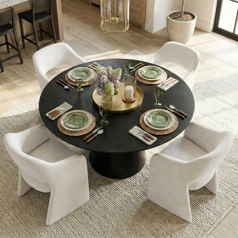 Ensemble de table de salle à manger pour 4 personnes avec table ronde et 4 chaises rembourrées, Noir, Beige