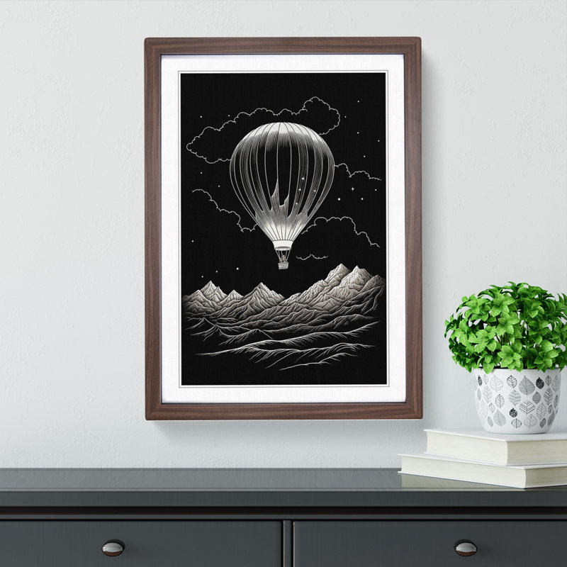 Hot Air Balloon Line - Single Picture Frame Print on Wood, 34cm H x 25cm W x 2cm D, Walnut Framed