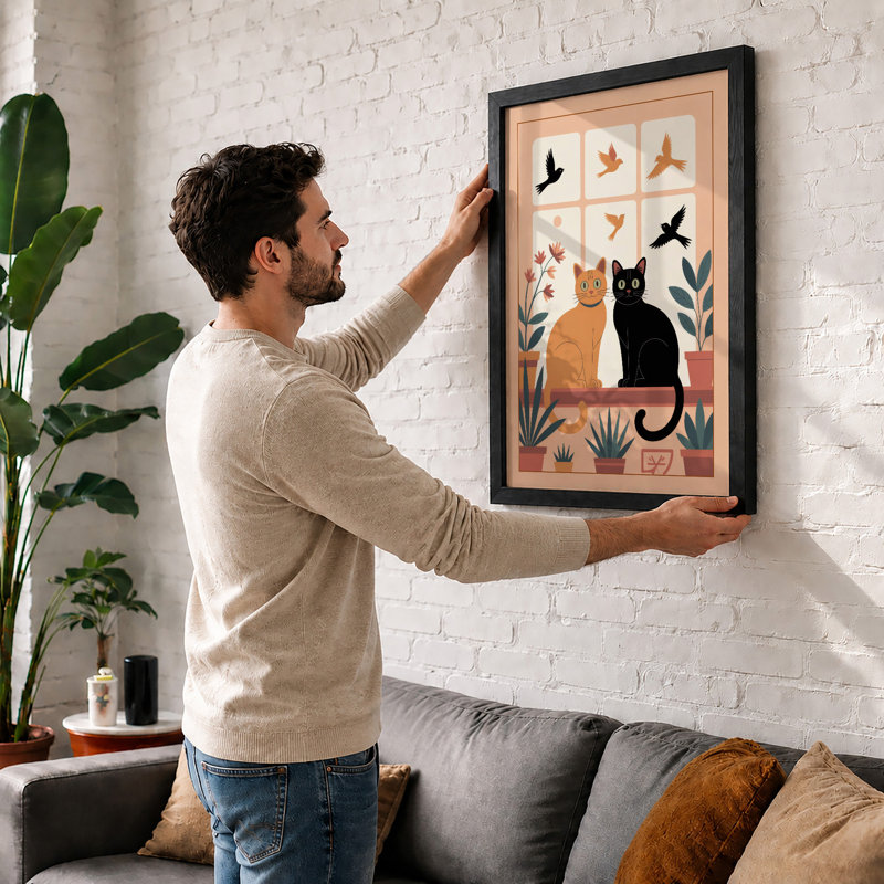Cats and Birds Interior Eclectic - Framed Print, A4 - 29.7 x 21.0 cm, Walnut