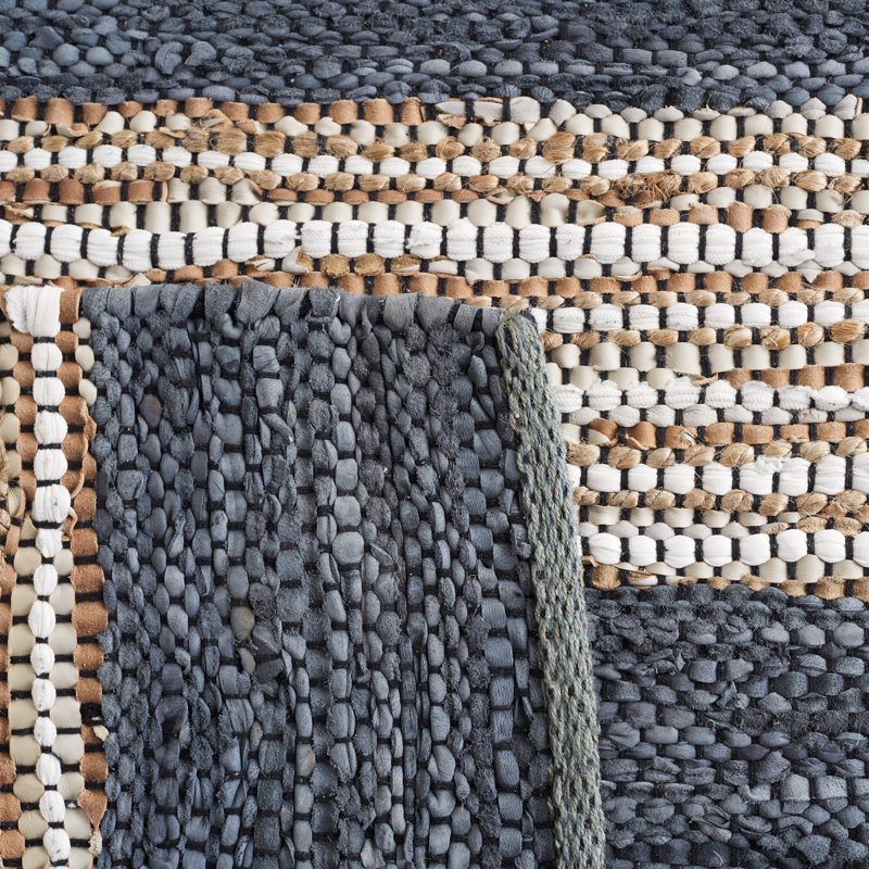 Gered Vintage Leather Hand Woven Leather/Jute Striped Rug in Dark Gray/Brown, Rectangle 5' x 8'