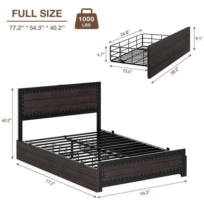 Industrial Platform Bed Frame With 4 Storage Drawers And Charge Station, King, Brwon