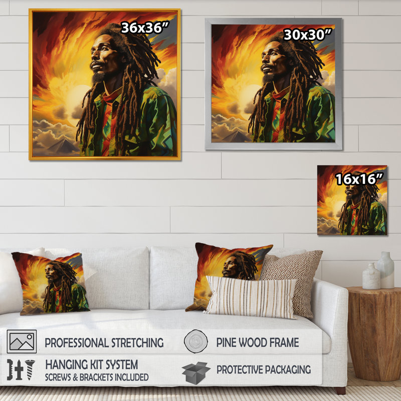 Reggae Tribute To Bob Marley - Art mural yoga, 30" H x 30" W, Cadre naturel flottant