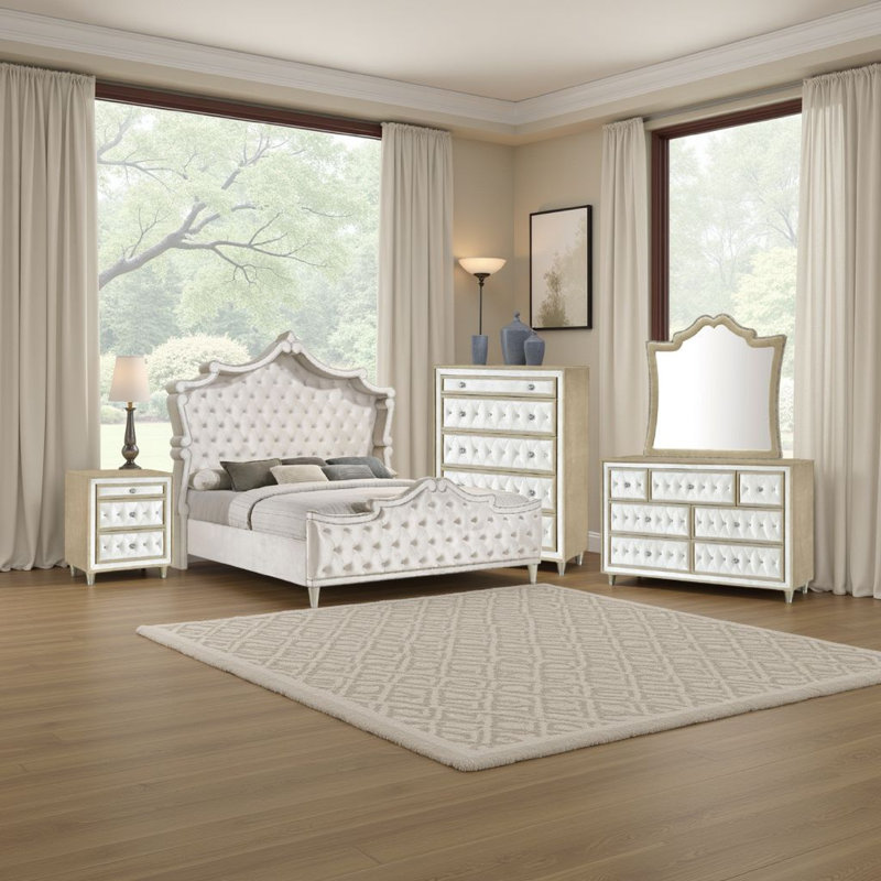 Ensemble de chambre avec grand lit 5 pièces Lino, revêtement en velours blanc ivoire classique, Grand lit