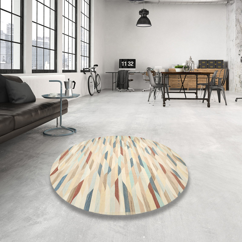 Tapis contemporain beige / bleu, Rond 4 pi