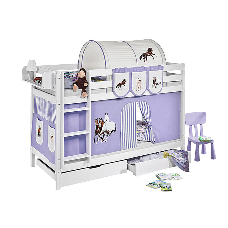 Horses Bunk Bed JELLE with Curtain and Slatted Frame, Purple/​Beige