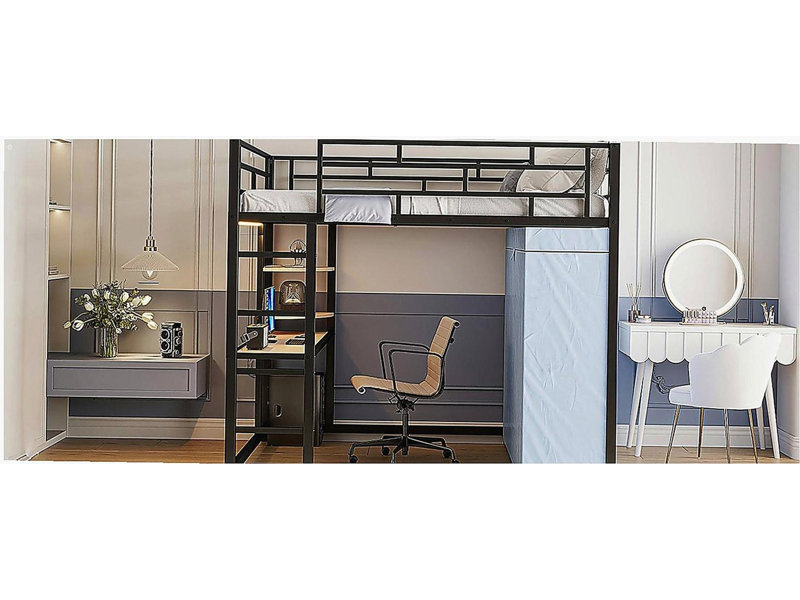 Lit mezzanine double avec structure en métal, équipé d'une table, d'une tablette, d'une prise de courant, de lumières DEL et d'une armoire
