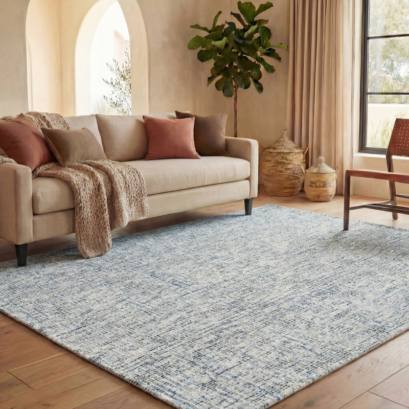 Tapis bleu / gris anthracite en laine touffeté à la main, Carré 4 pi