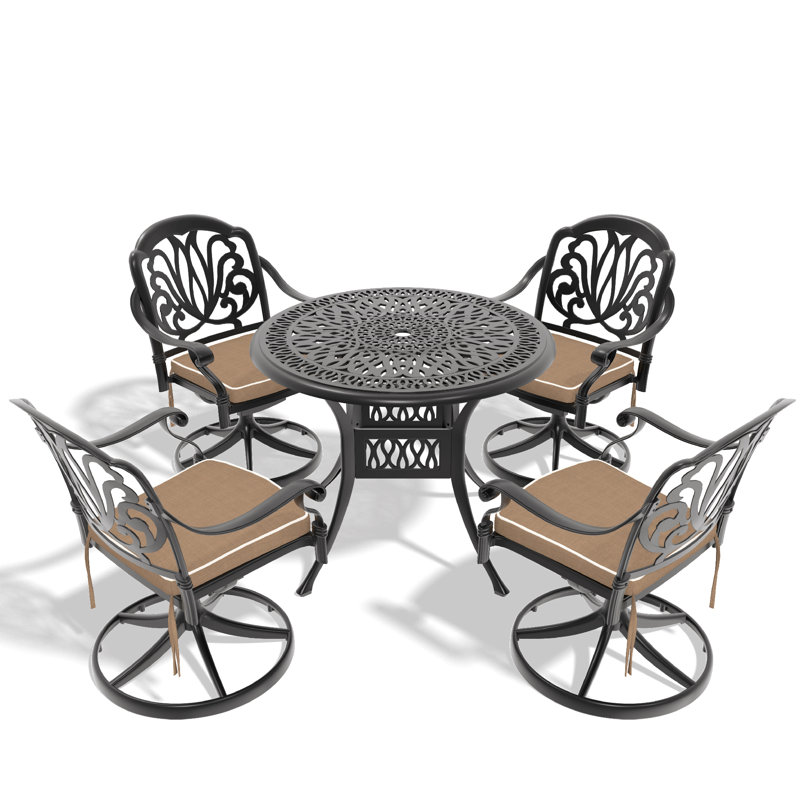 Ensemble de salle à manger 5 pièces en aluminium coulé résistant aux intempéries, comprenant 4 chaises pivotantes et une table ronde de 35,43 po avec structure noire