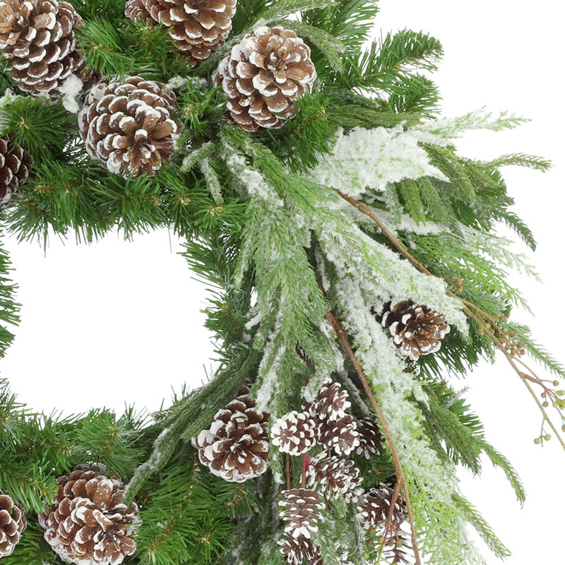 26" Holiday Evergreen Wreath With Snowy Branches And Pinecones