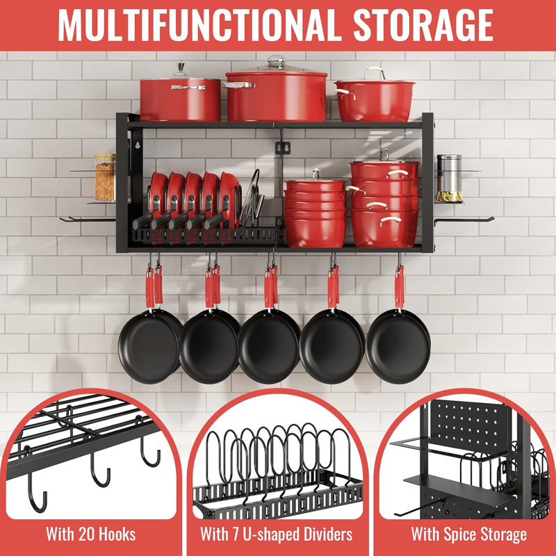 Organisateur de casseroles et de poêles 3 en 1 avec supports de cuisine à 2 niveaux et support de couvercle de casserole et 20 crochets, noir