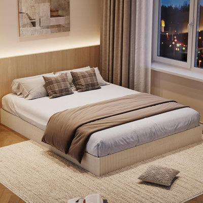 Base de lit en bois, lit plateforme en bois avec design cannelé, base de lit avec support d'étude, aucun sommier tapissier requis
