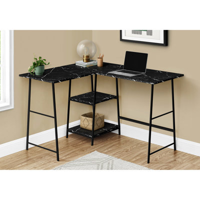 Bureau d'ordinateur en forme de L de 48 po avec rangement, stratifié et métal imitant le marbre noir, moderne et étagère peu encombrant, structure en métal au fini marbre pour le bureau à domicile