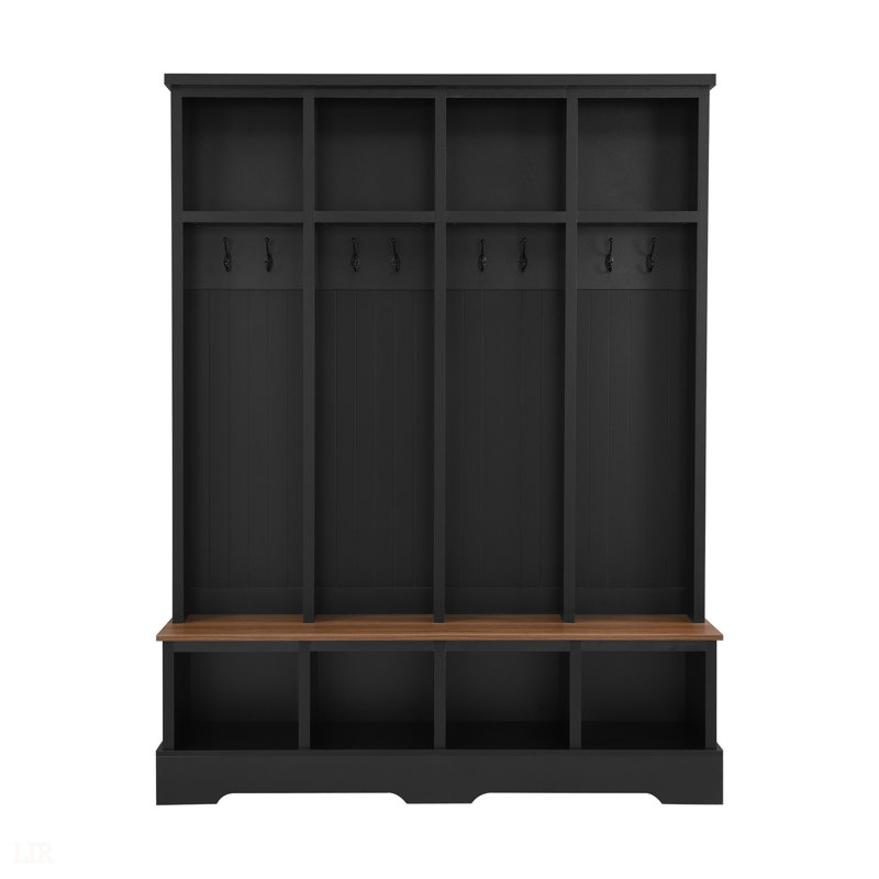 Farmhouse 59W Wide Hall Tree With 8 Hooks, Practical Entryway Bench And Open Compartments, 76.7H Modern 3-In-1 Wooden Style Coat And Shoe Rack